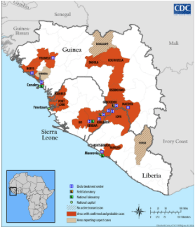 Map of Africa depicting Ebola Cases